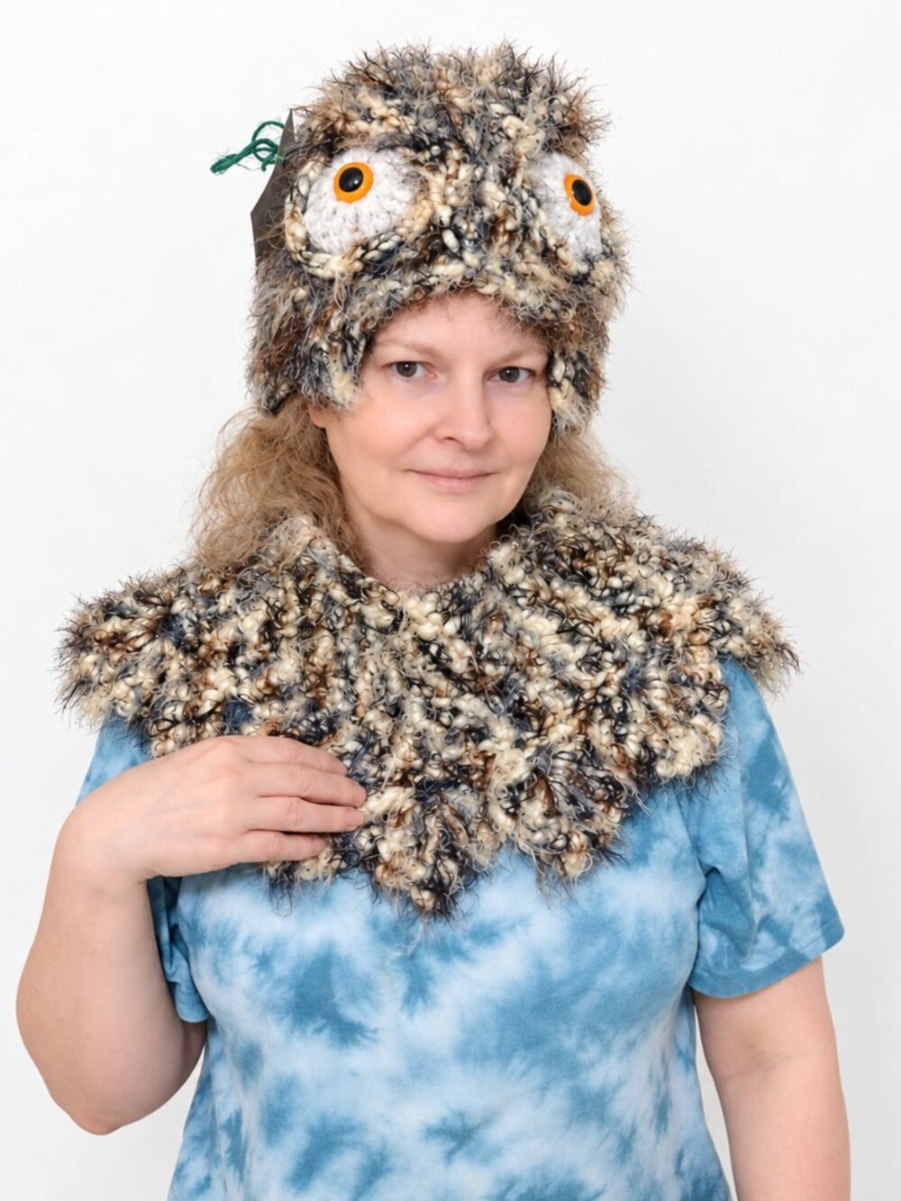 Handmade Owl Hat & Matching Scarf Cowl Set Fuzzy Brown Gray Winter Costume